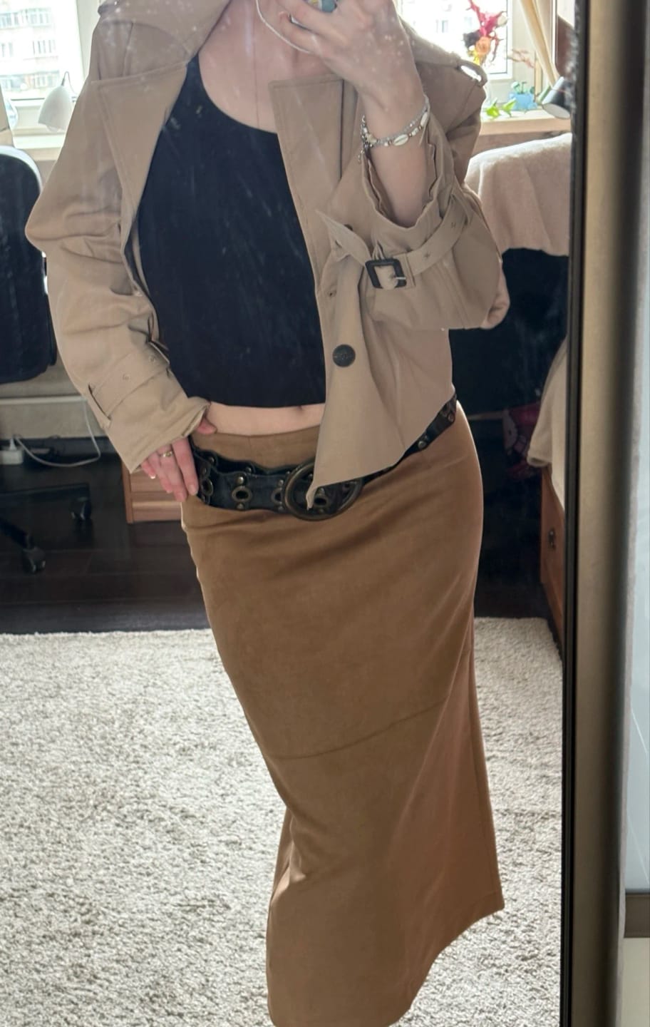 Customer photo review of Mila High-Waist Suede Midi Skirt