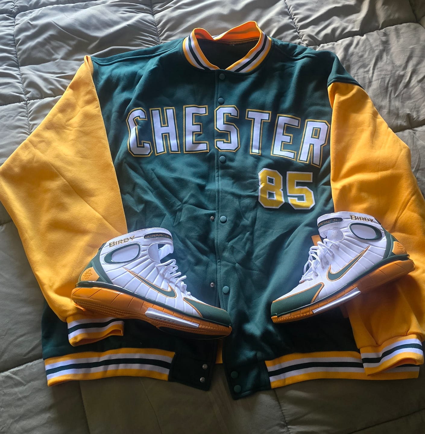 Customer photo review of Custom Green White-Green Raglan Sleeves Varsity Full-Snap Letterman Jacket
