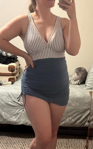 Customer photo review of Emoswim - Women One Piece Swim Dress Tummy Control Swimsuits Slimming Mesh Sheer Sarong Wraps Bathing Suit