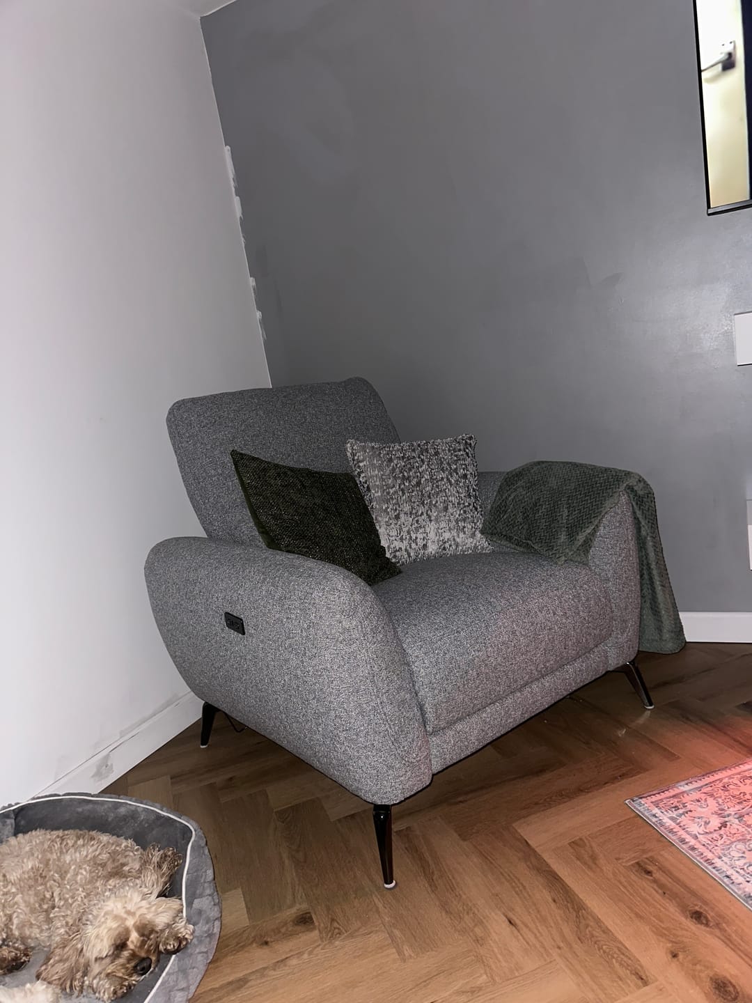 Customer photo review of Jasmine Power Recliner Fabric Armchair, Monique Steel