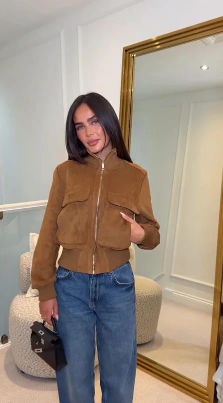 Customer photo review of Jean Faux Suede Bomber Jacket