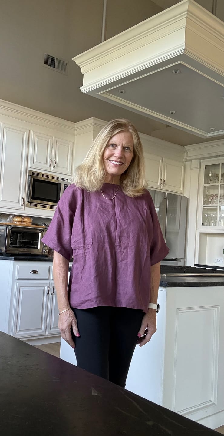 Customer photo review of NEW! Linen Bina Button Back Top Dusty Plum