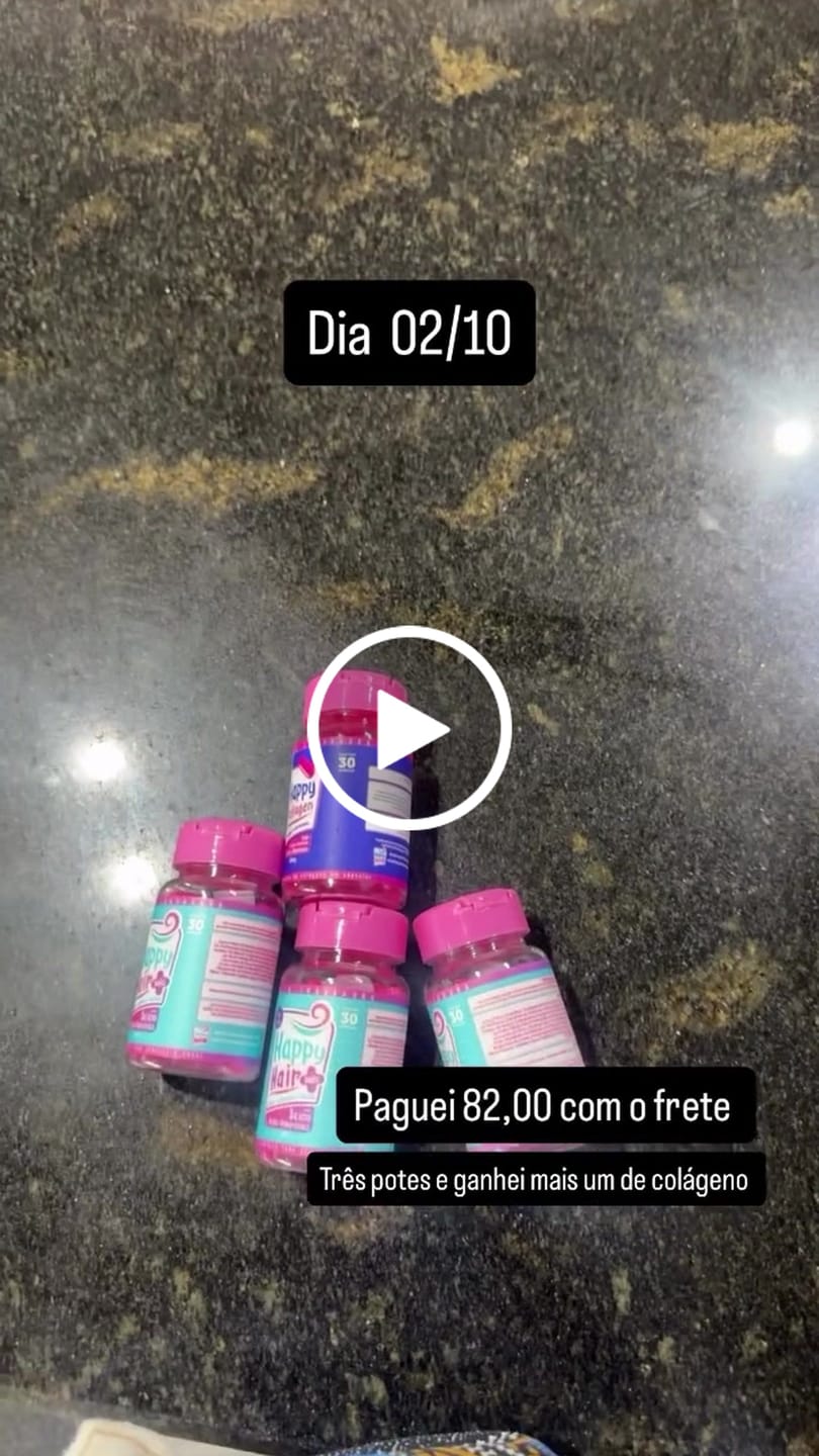Customer video review of Happy Hair 3 Potes + 1 Colágeno Grátis