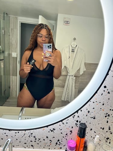 Customer photo review of Emoswim - Women Plus Size One Piece Swimsuit V Neck Mesh Sheer Tummy Control Bathing Suit