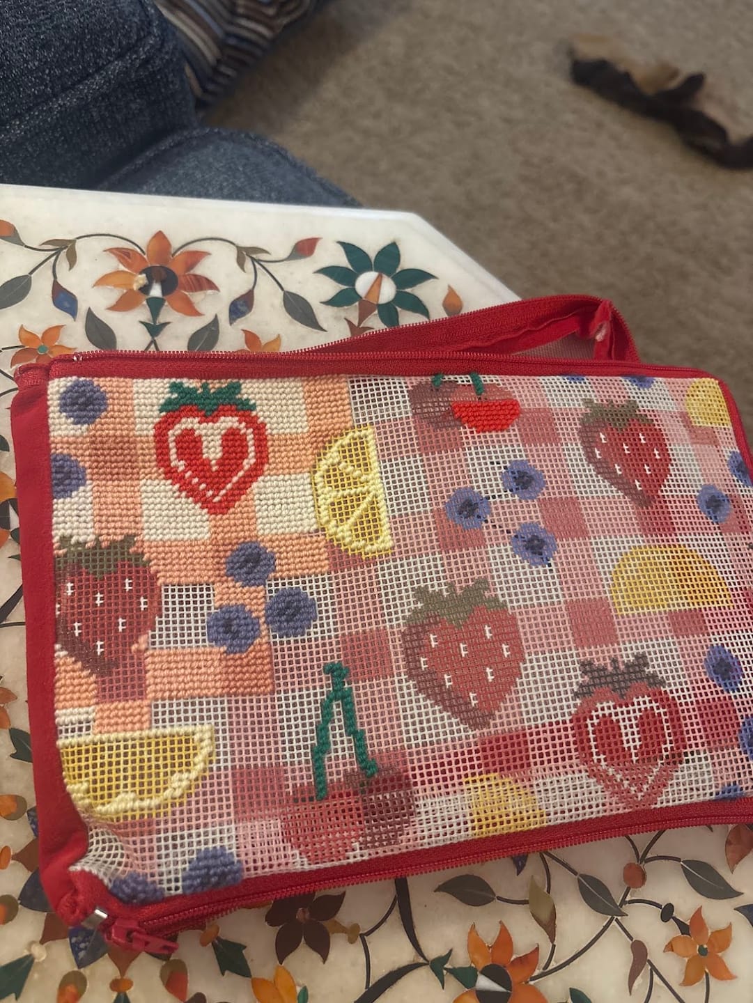 Customer photo review of FRUIT MARKET - Needlepoint Pouch Kit