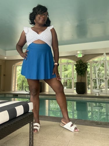 Customer photo review of Emoswim - Women's One Piece Swimsuit Ruffle Cutout Swimdress Tummy Control V Neck Wrap Swimwear