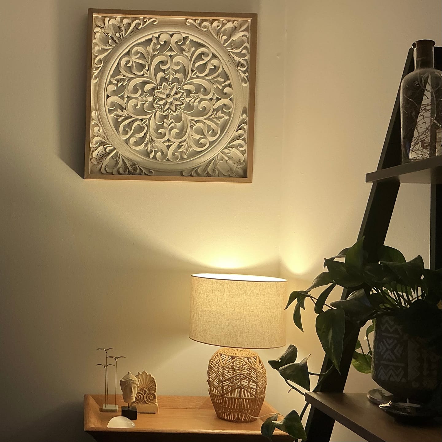 Customer photo review of Henry Carved Mandala Wall Art, Distressed White and Natural Timber 58cm