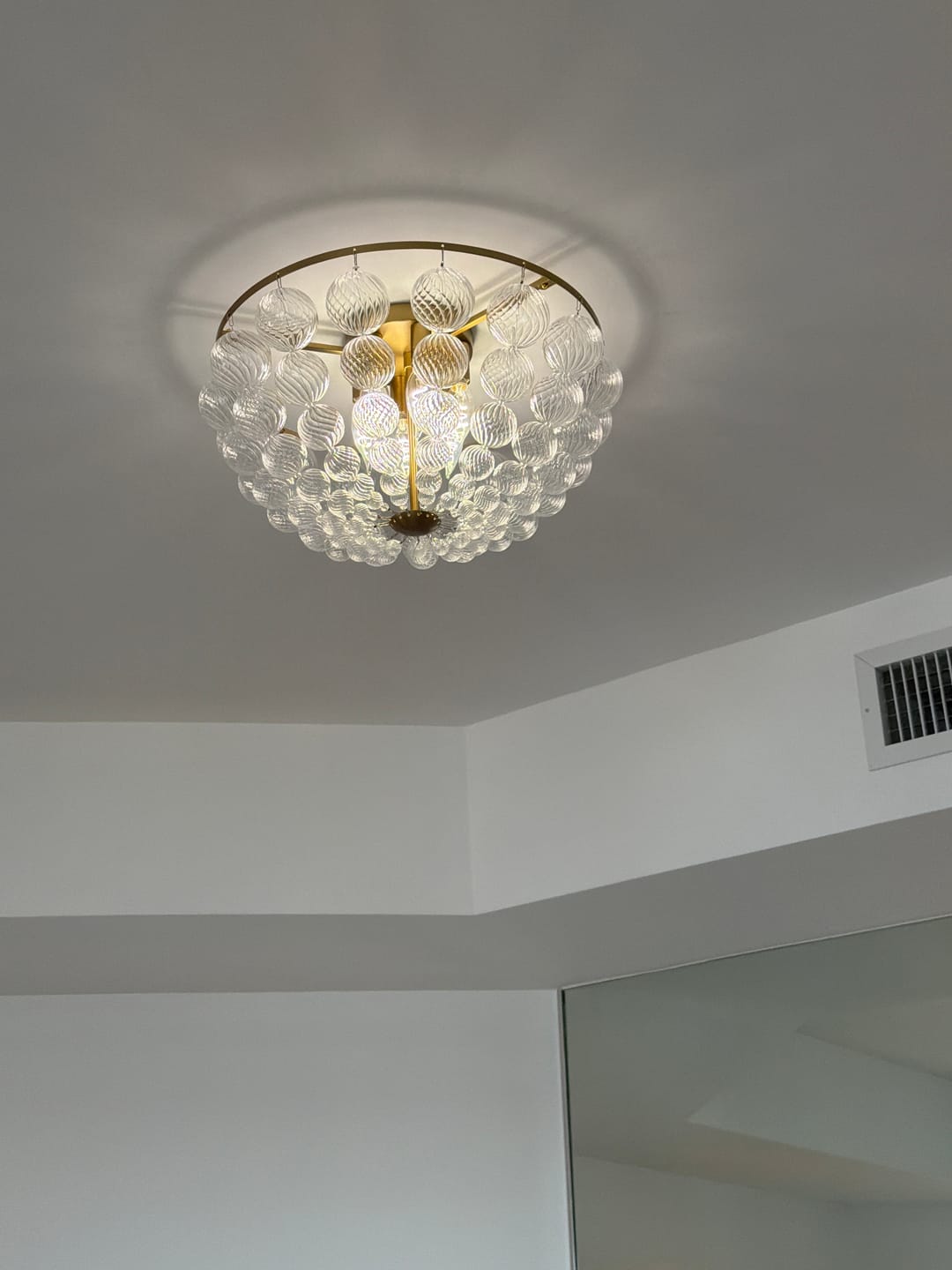 Customer photo review of Brass Draped Ribbed Glass Globe Round Semi Flush Chandelier