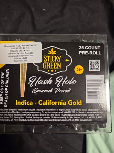 Customer's 25 count box of California Gold Hash Hole Indica pre-rolls with black and gold packaging.