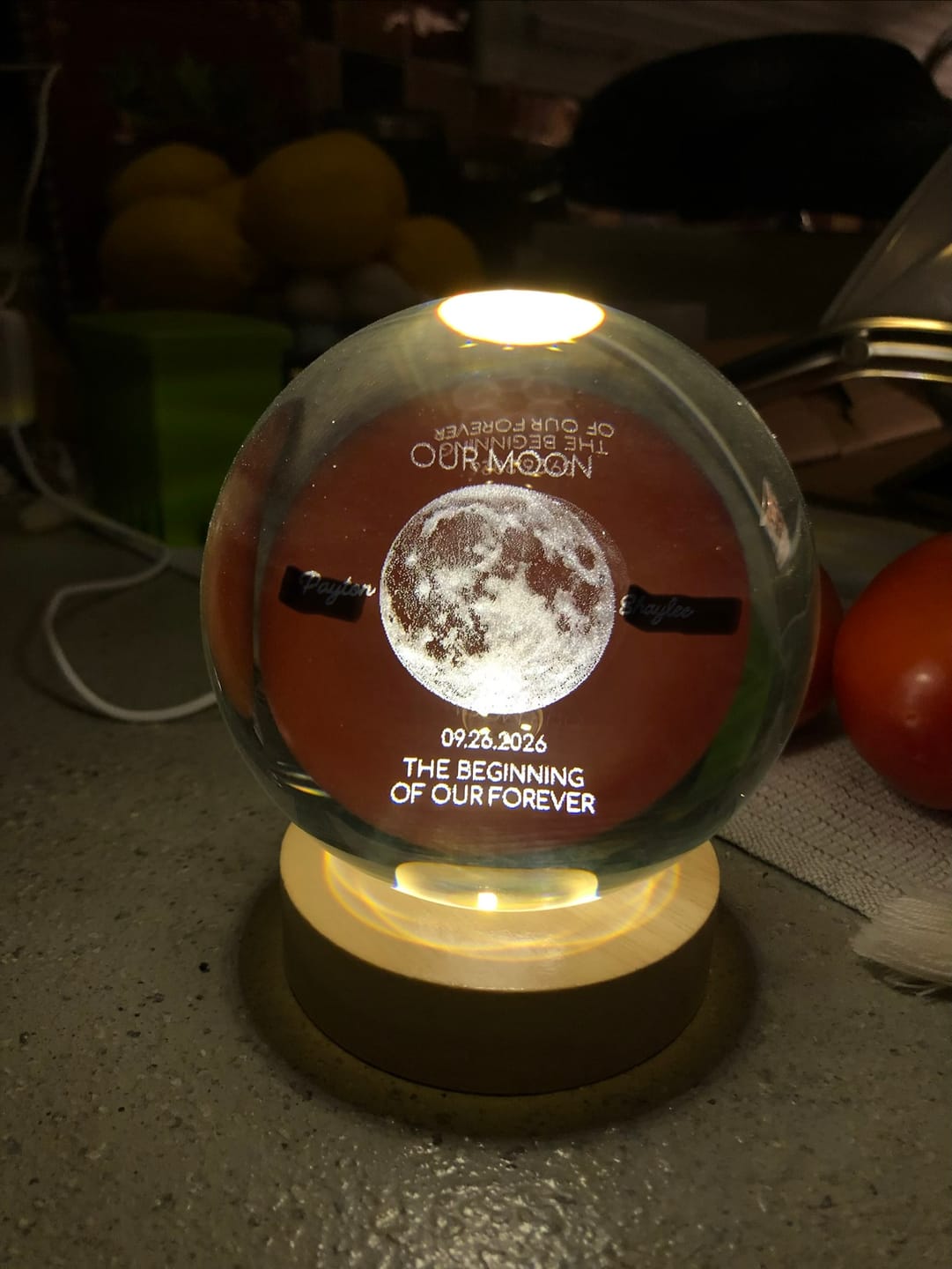 Customer photo review of Custom Date Moon Phase The Night You & I Became Us – Personalized Crystal Ball LED Night Light – Special Gift for Family Member, Couples