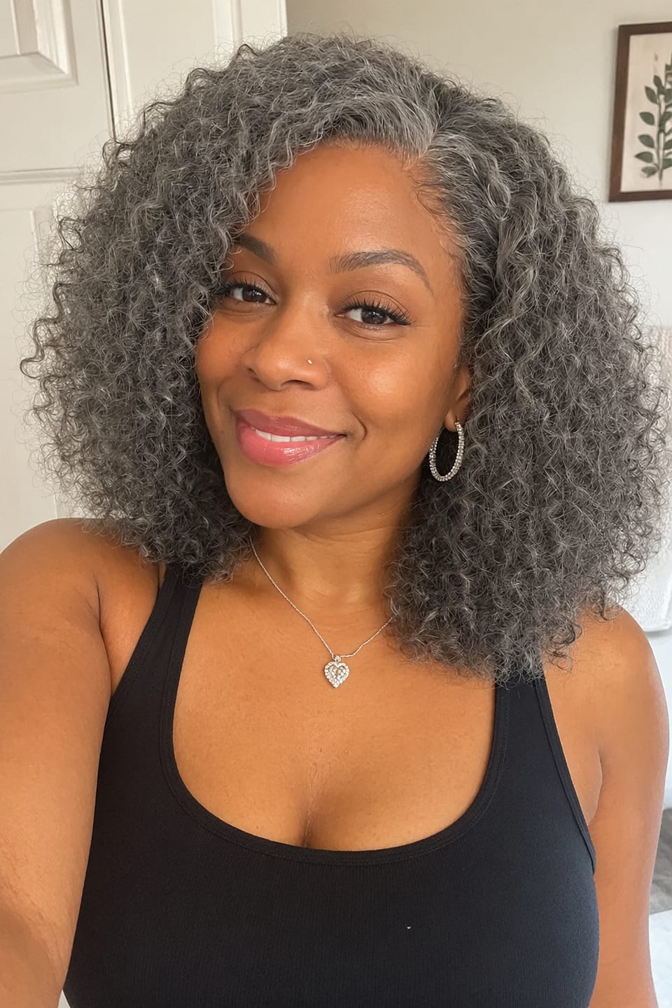 Customer photo review of Luvwin 5x5 Deep Curly Salt And Pepper Glueless Gray Color Pre-Cut Lace Bob Wig