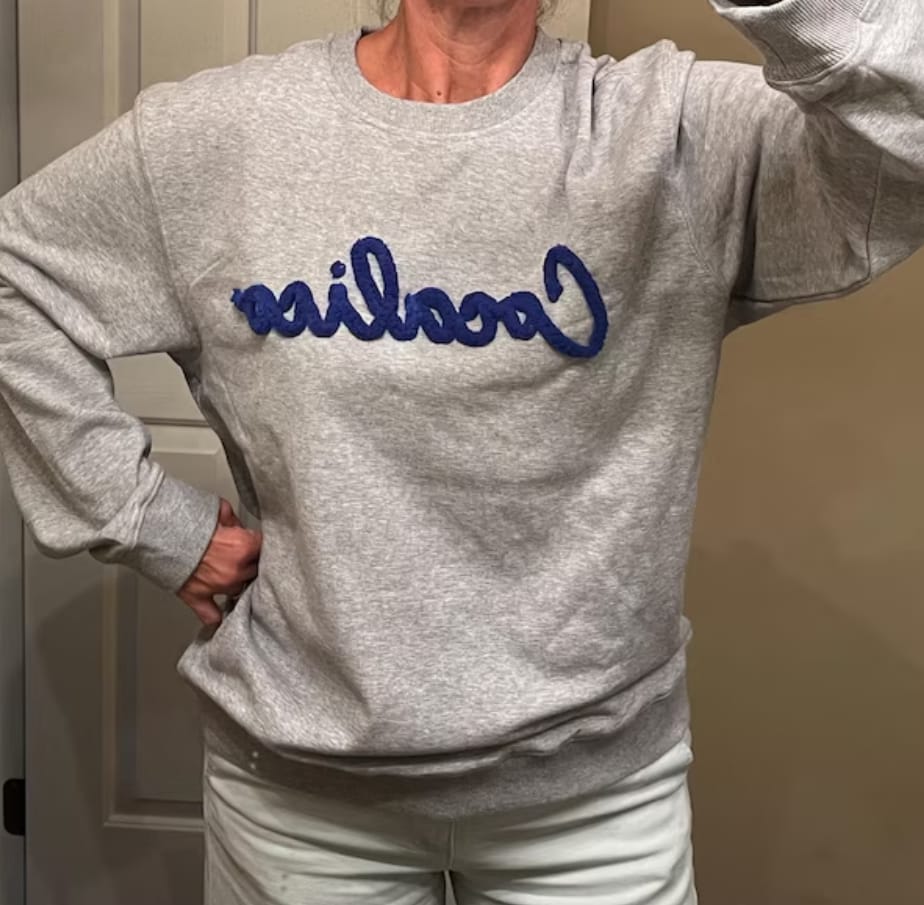 Customer photo review of Custom College Chenille Team Name Embroidered Sweatshirt | Gifts for Sports Mom