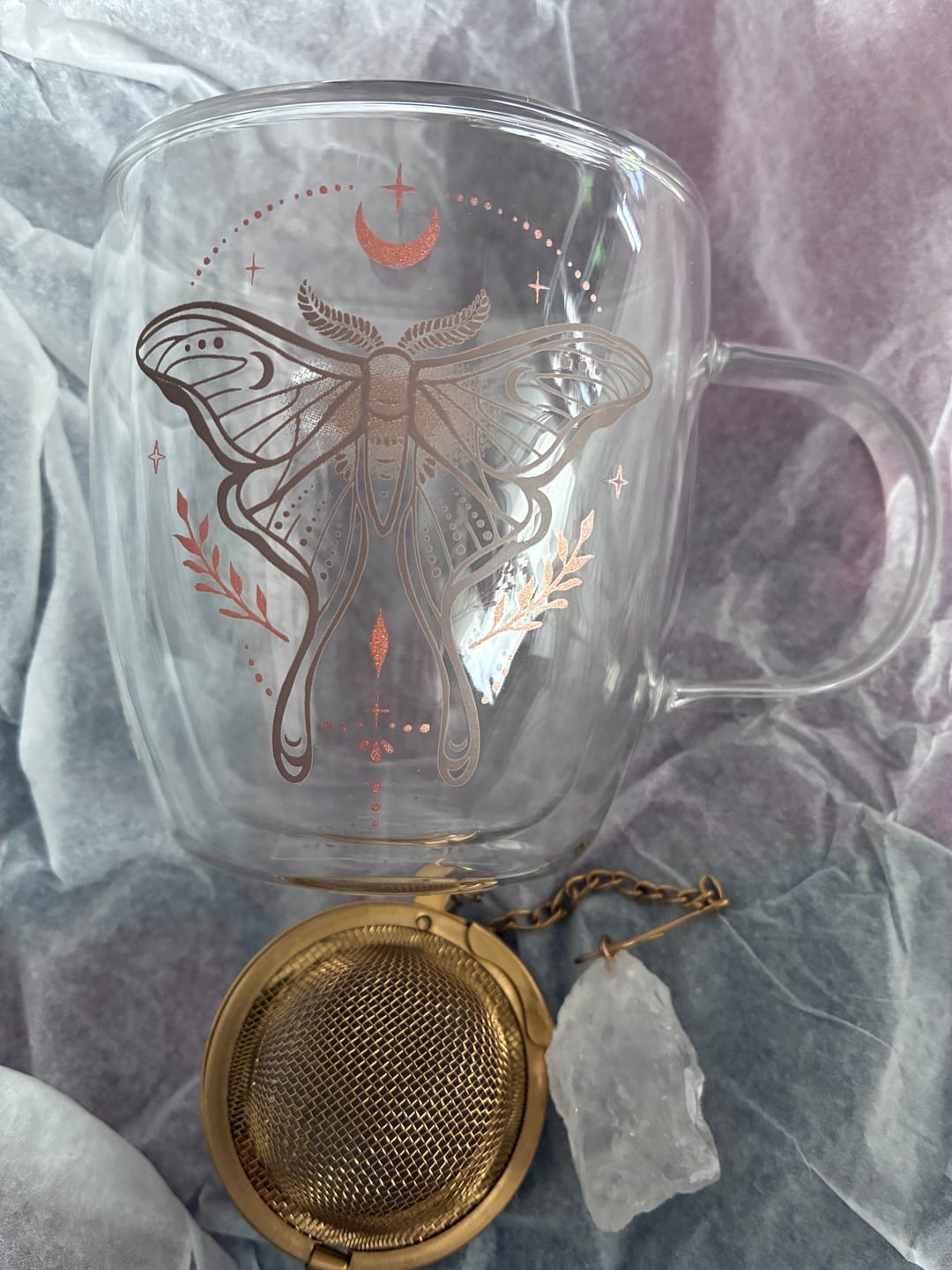 Customer photo review of Mottentasse aus doppelwandigen Glas mit Teesieb & Kristall