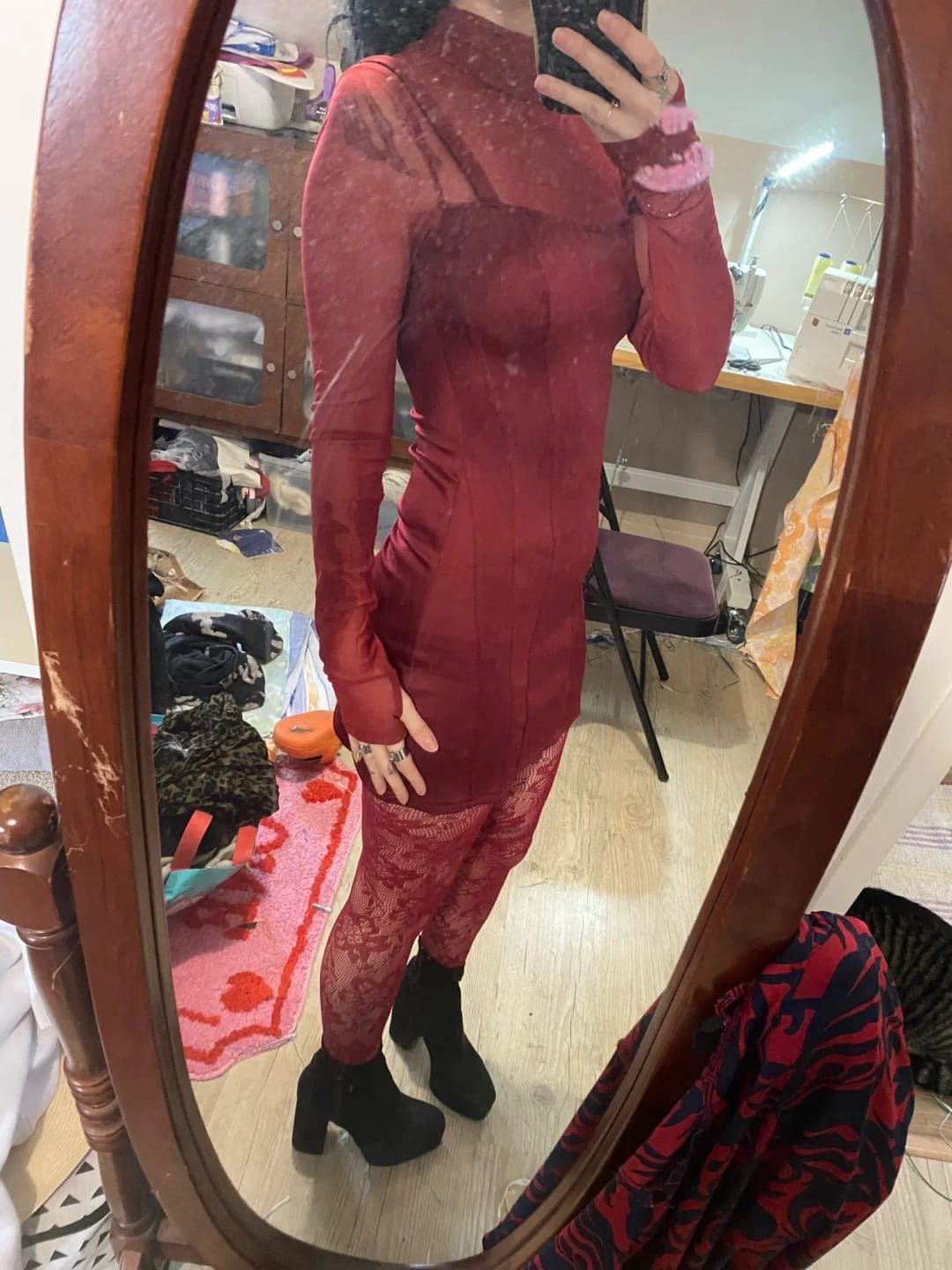 Customer photo review of Monica Sheer Mesh Flared Mini Dress