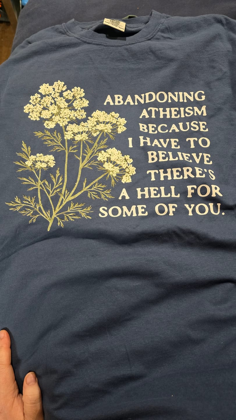 Customer photo review of Abandoning Atheism Floral Tee