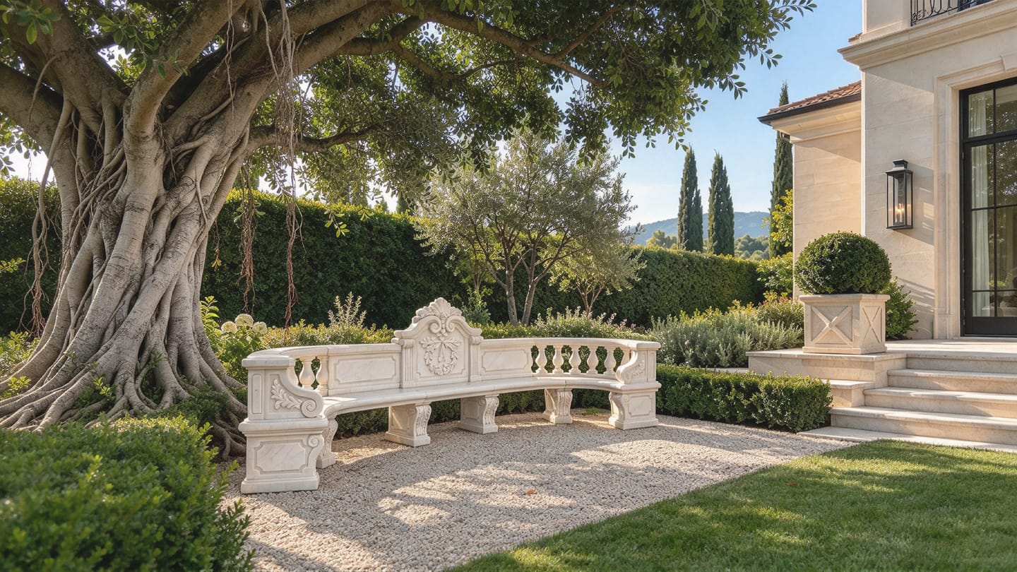 Customer photo review of Curved White Marble Garden Bench with Balustrade MM-060