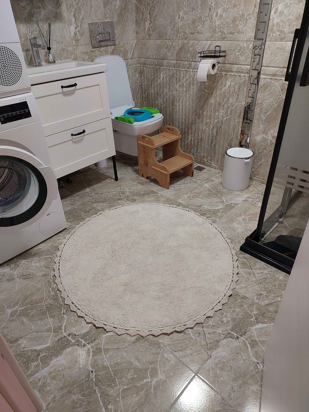 Customer photo review of Lowie Yuvarlak Banyo Paspası %100 Pamuk 100x100 Ekru