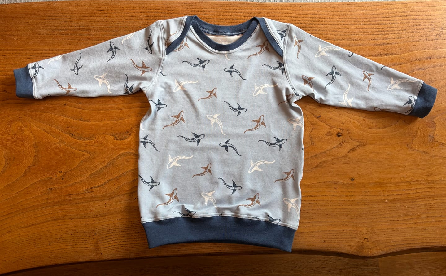 Customer photo review of Shark Swim on Blue Cotton Jersey Fabric