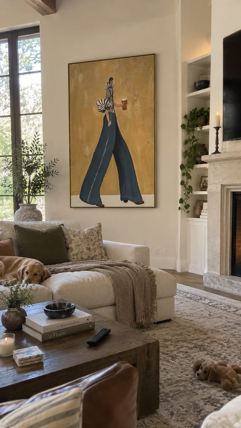 Customer photo review of Coffee Crosses Golden Hour – Fashion Woman Holding Cup Painting | Retro Modern Vertical Wall Art