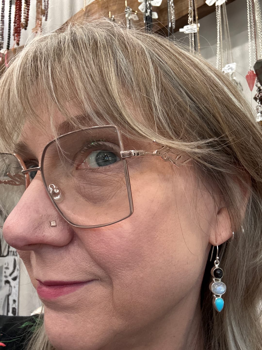 Customer photo review of Premium Rainbow Moonstone, Star Diopside, Sleeping Beauty Turquoise Earrings 1 3/4" (.925 Sterling Silver)