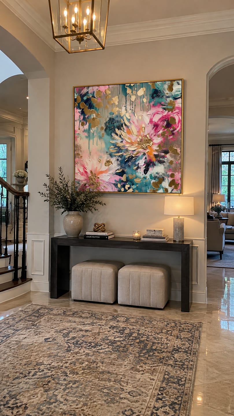 Customer photo review of Aurora Bloom – Hand-Painted Multicolored Pink and Teal Gold Foil Abstract Floral Painting | Modern Luxury Botanical Bedroom & Living Room Art