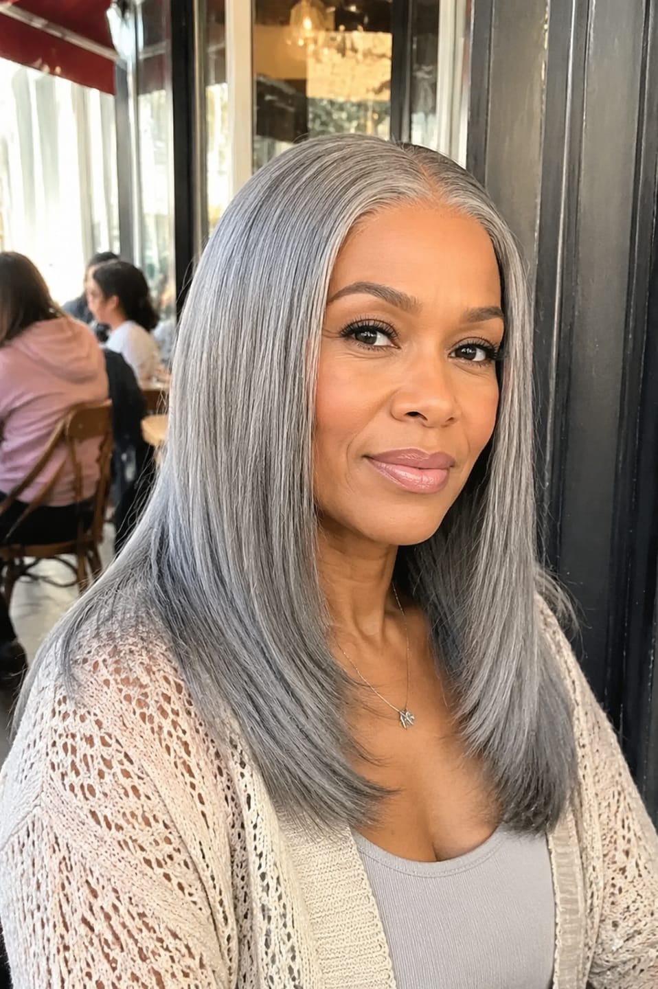 Customer photo review of Luvwin Salt & Pepper Gray Straight Layered Cut Beginner Friendly Glueless Wig 100% Human Hair
