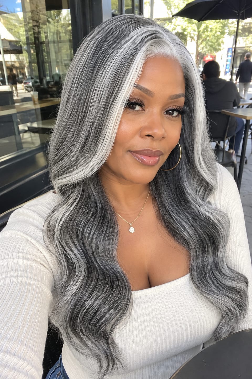 Customer photo review of Luvwin Silver Grey Salt & Pepper Wavy Wig With Signature White Front Streaks