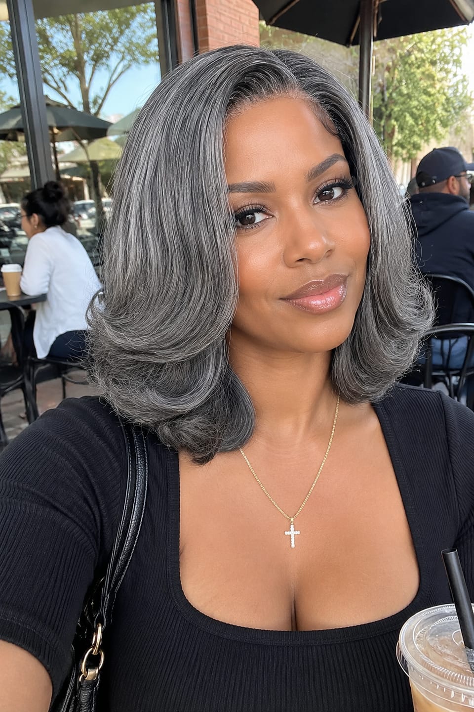 Customer photo review of Luvwin 5x5 Salt And Pepper Glueless Gray Color Pre-Cut Lace Layered Cut Straight Bob Wig 100% Human Hair