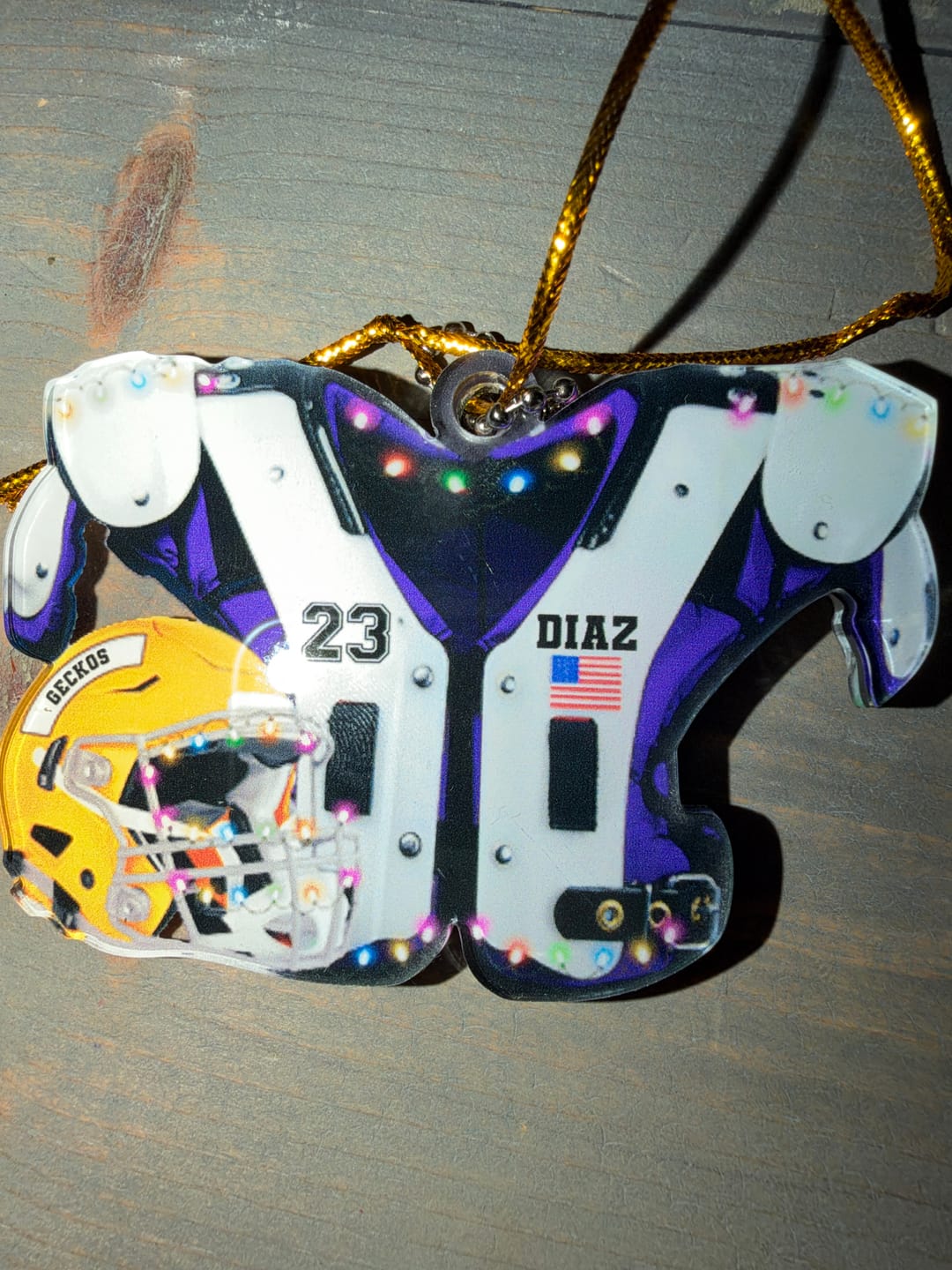 Customer photo review of American Football Shoulder Pads and Helmet Personalized Ornament