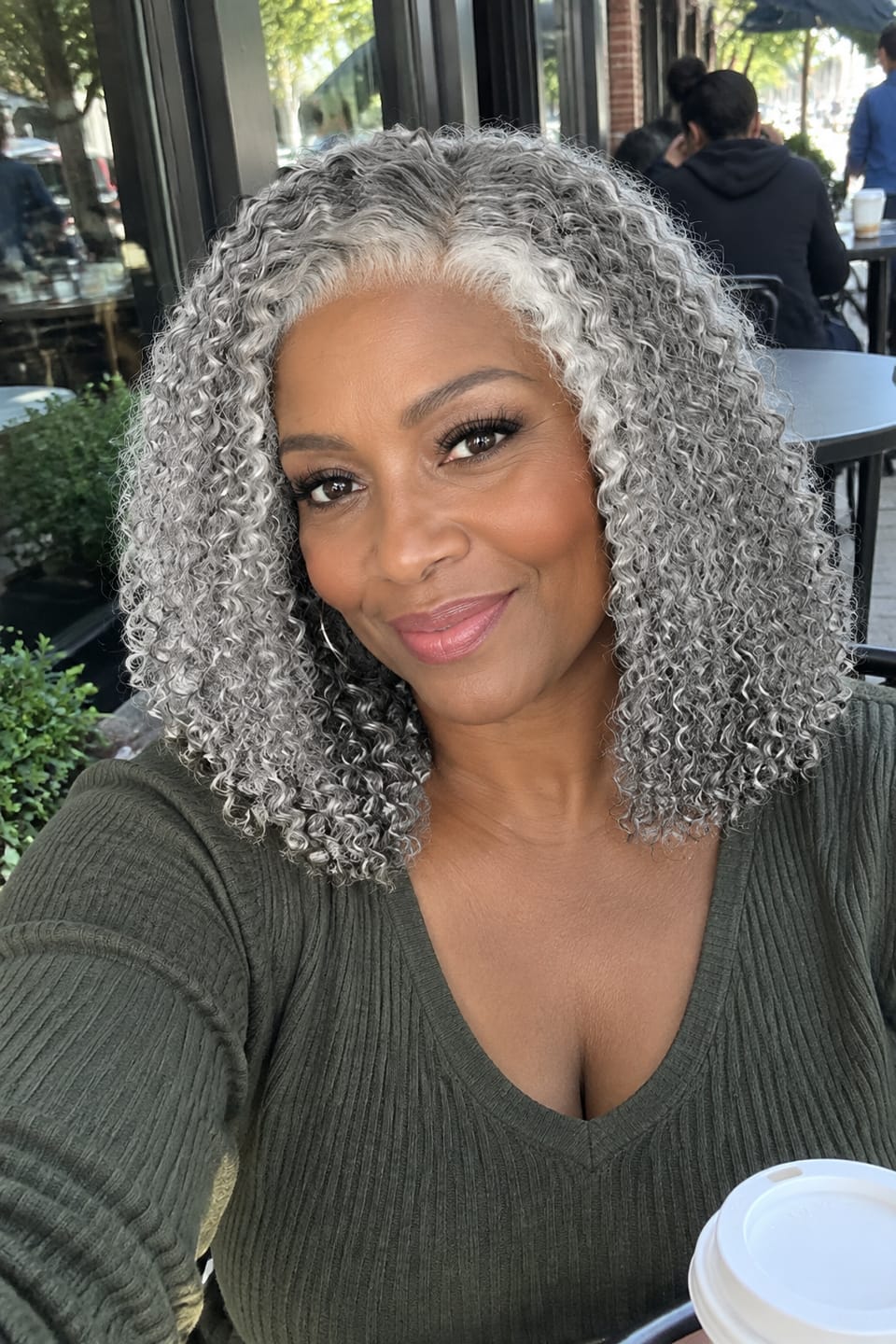 Customer photo review of Luvwin 5x5 Deep Curly More Salt Frontal Salt And Pepper Glueless Gray Color Pre-Cut Lace Bob Wig