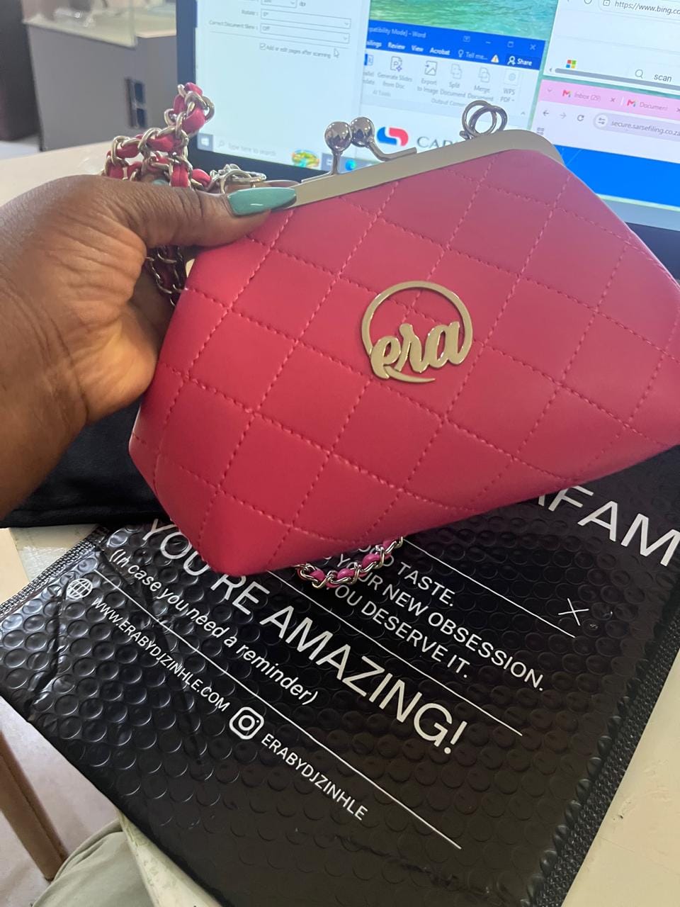 Customer photo review of ERA Mini Kisslock Chain Bag – Pink