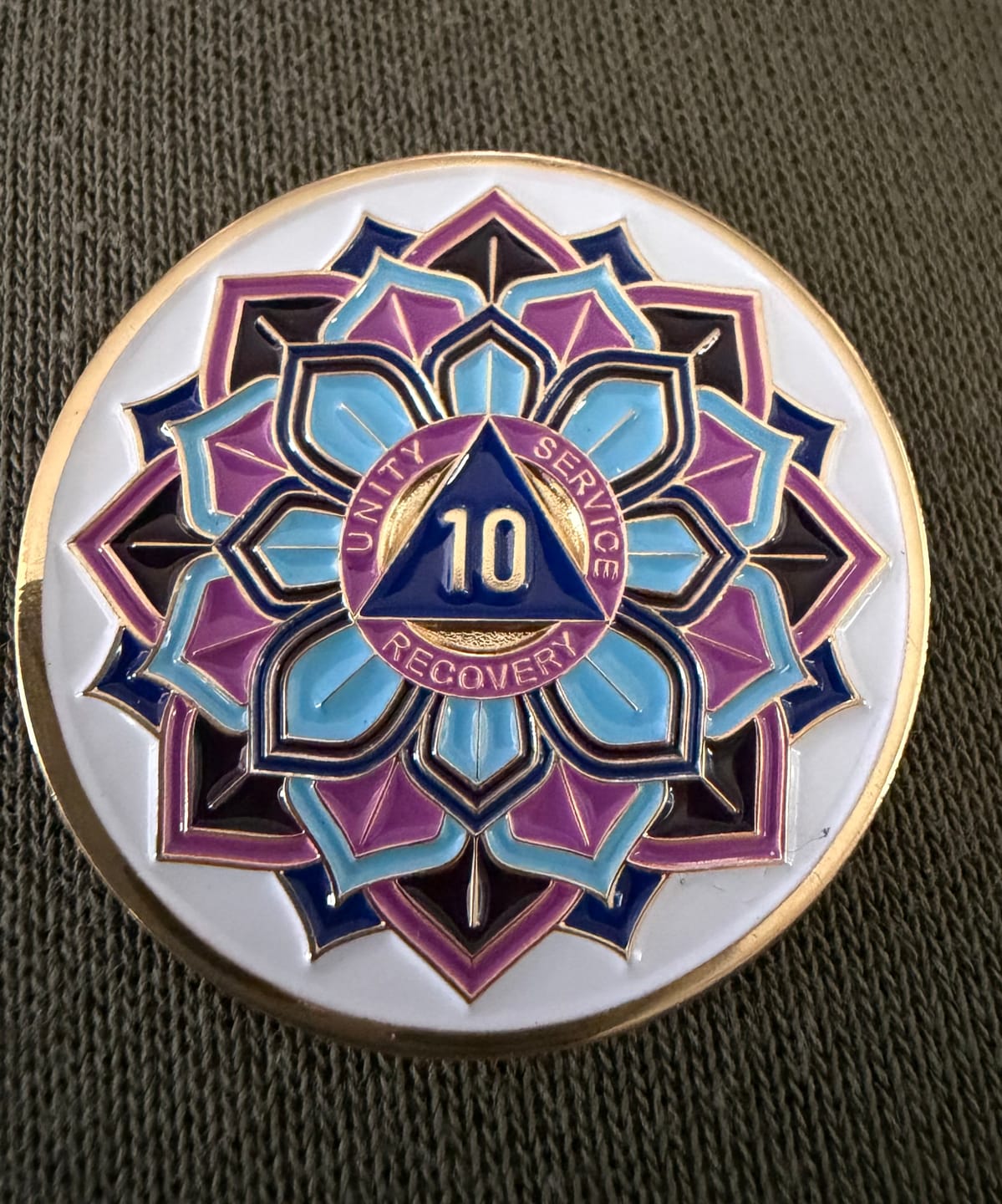 Customer photo review of 1 to 50 Year Sobriety Mint 'In Bloom' Lotus Flower Gold Plated AA Recovery Medallion/Chip/Coin - White
