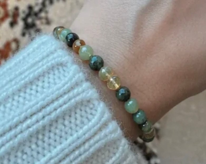 Customer photo review of Triple Prosperity Bracelet: Citrine, Green Aventurine, & African Turquoise 4 mm Prosperity Crystals Gift