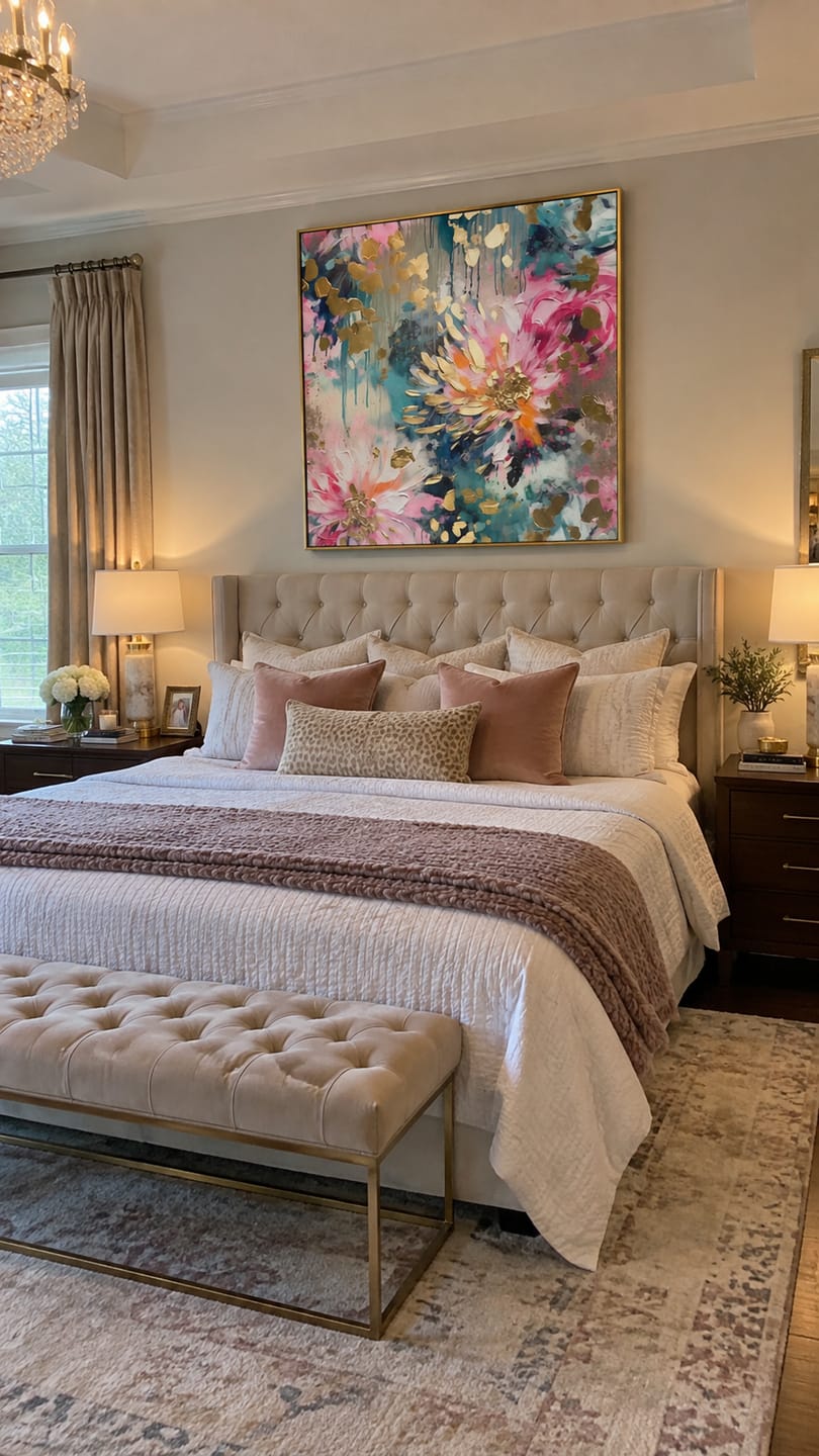 Customer photo review of Aurora Bloom – Hand-Painted Multicolored Pink and Teal Gold Foil Abstract Floral Painting | Modern Luxury Botanical Bedroom & Living Room Art