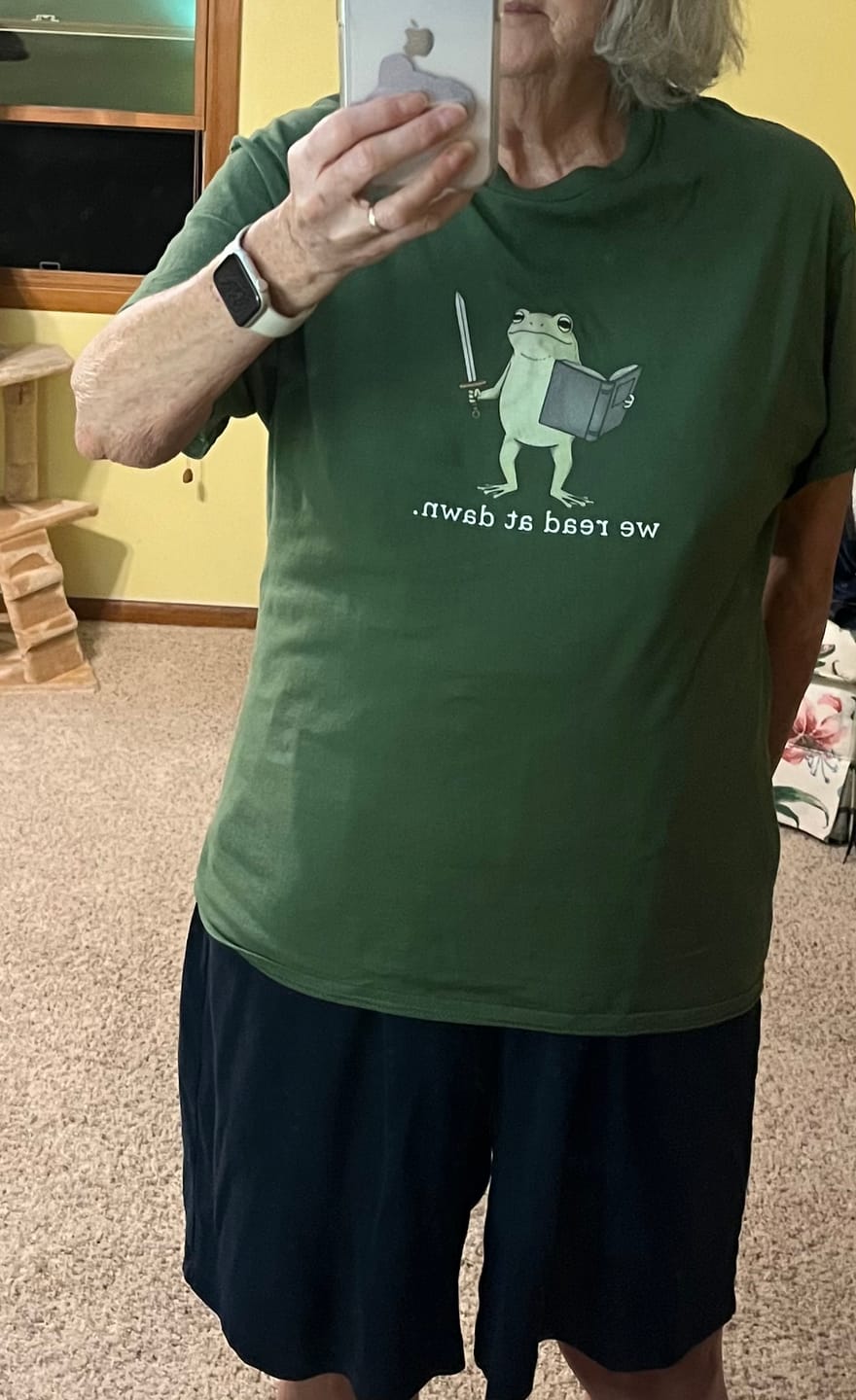 Customer photo review of We Read At Dawn Frog Unisex T-Shirt, Funny Book Lover Shirt