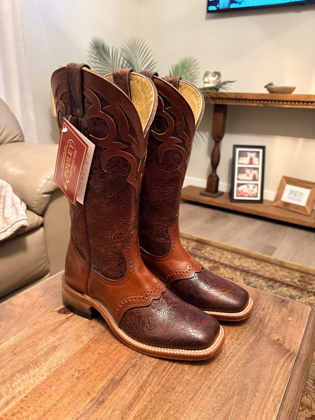 Customer photo review of Boulet Women's Cowgirl Boots 14" Cowhide Tooled / Embossed Wide Square Toe Roper Heel