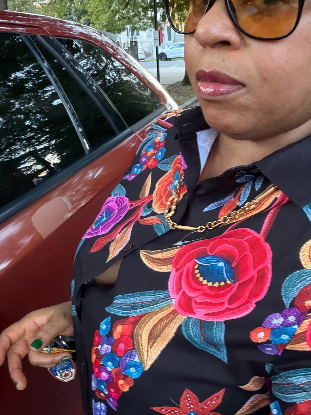 Customer photo review of A-Line Half Sleeves Buttoned Contrast Color Flower Print Pockets Lapel Midi Dresses Shirt Dress