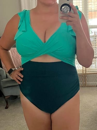 Customer photo review of Emoswim - Women's One Piece Swimsuit Ruffle Cutout Bathing Suits Slimming Tummy Control V Neck Wrap Swimwear