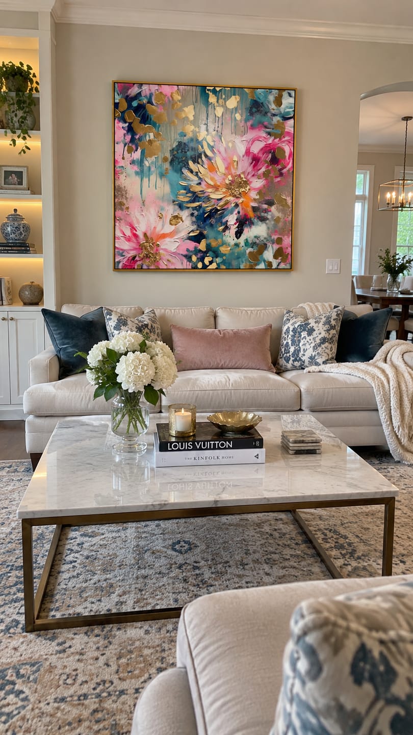 Customer photo review of Aurora Bloom – Hand-Painted Multicolored Pink and Teal Gold Foil Abstract Floral Painting | Modern Luxury Botanical Bedroom & Living Room Art