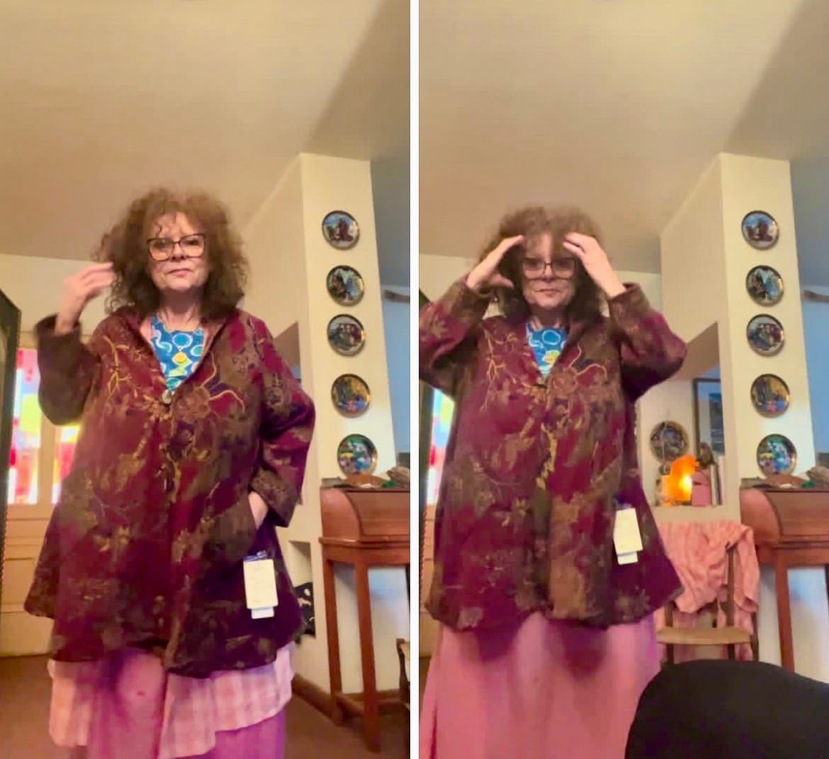 Customer photo review of Reversible 100% Merino Wool Duster Jacket – Purple Bird