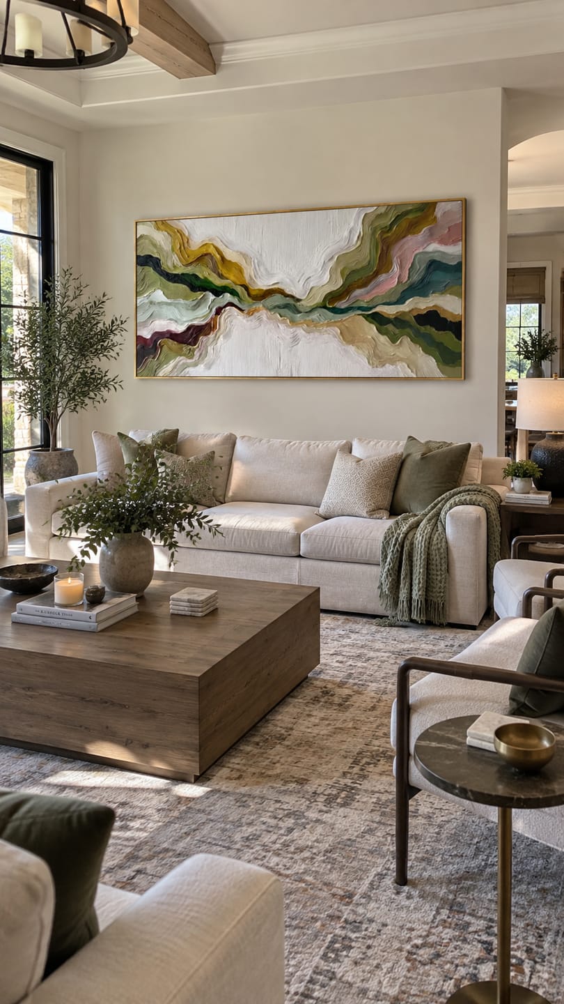 Customer photo review of Mountain Rhythms – Heavy Texture Earth-Tone Abstract Painting | Modern Wabi-Sabi Large Living Room Art