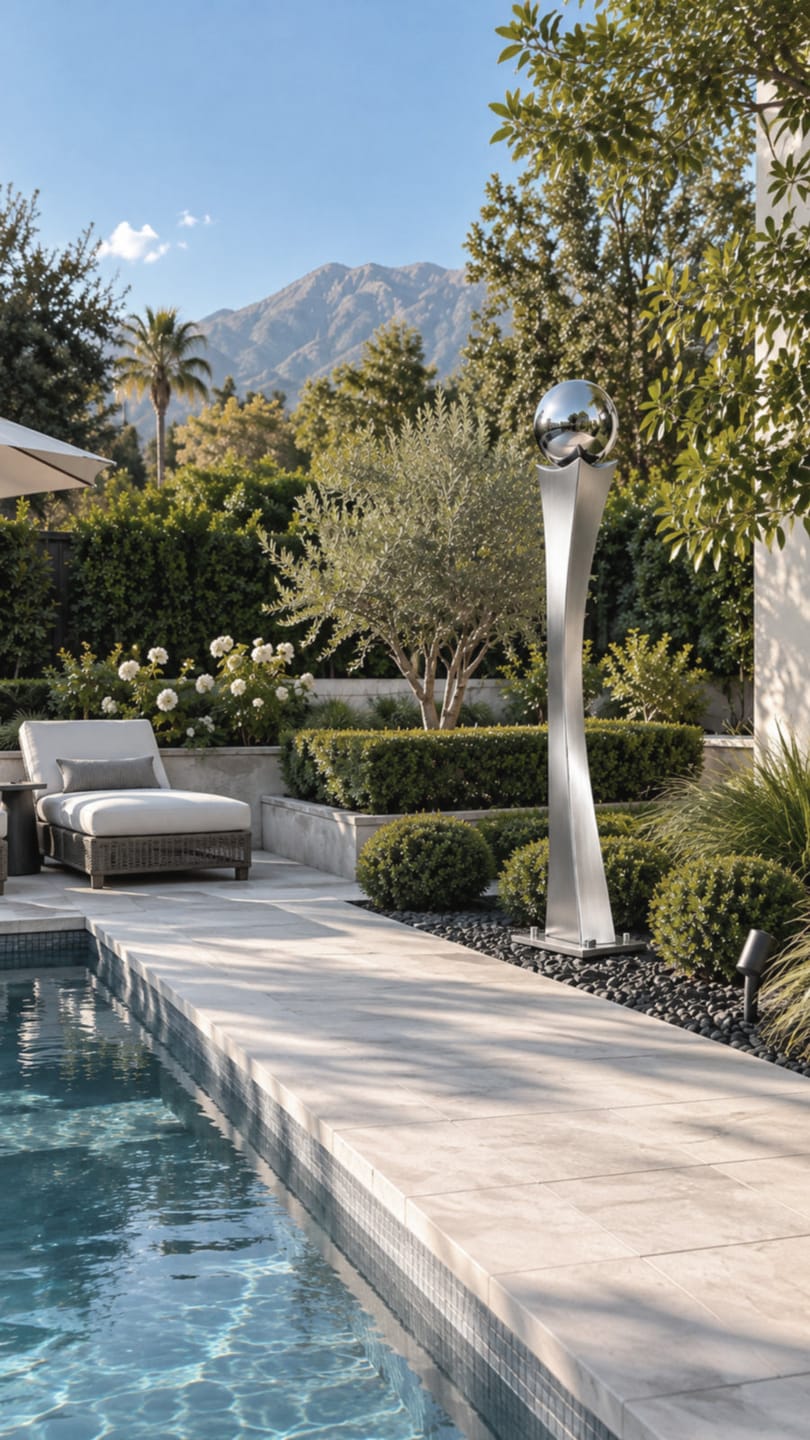 Customer photo review of Brushed Stainless Steel Sphere Garden Sculpture SS-043
