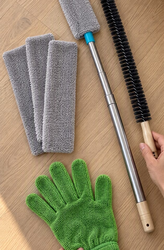 Customer photo review of Kit Ménage Anti-Poussière | Plumeau Télescopique, Brosse Radiateur et Gants Microfibre