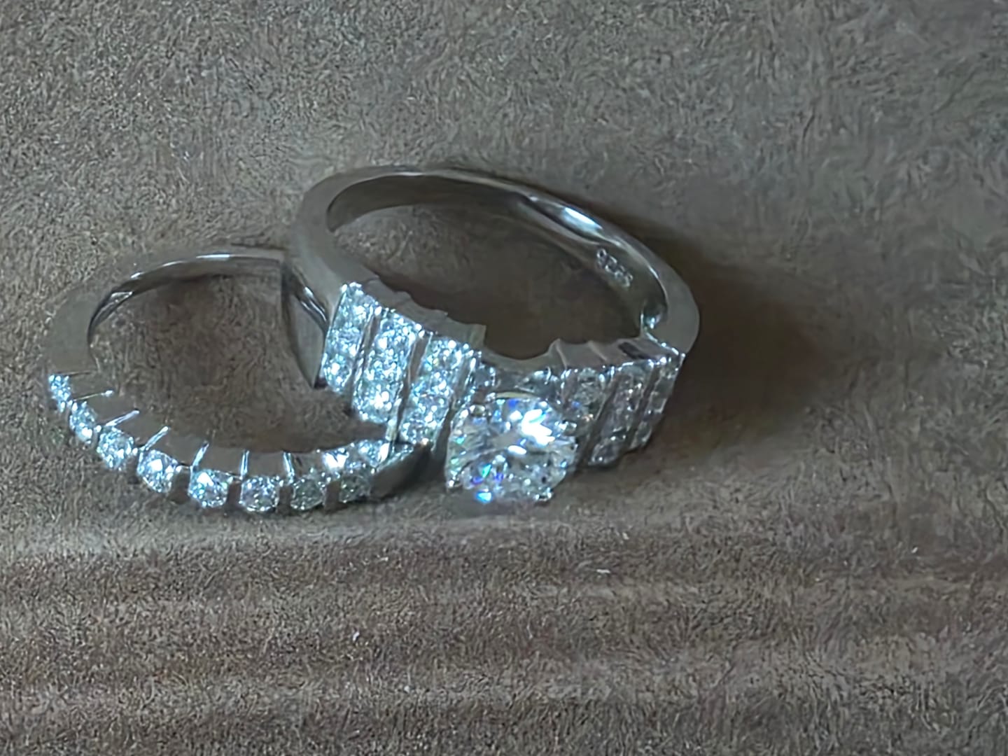 Customer photo review of Moissanite With Bar Set Accents Bridal Engagement Ring Set