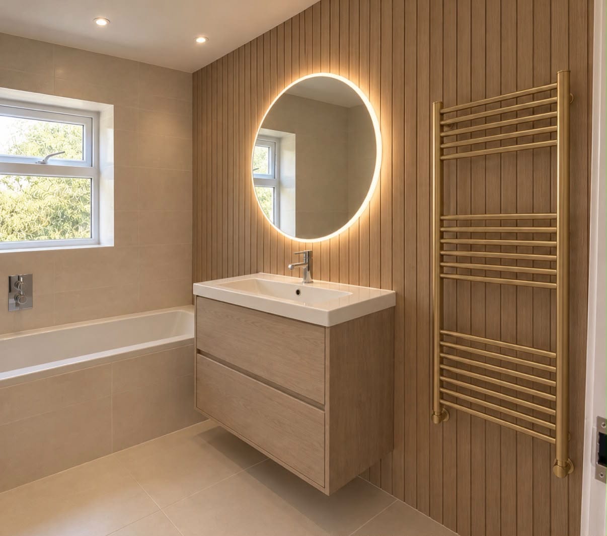 Customer photo review of SlatWall Waterproof Natural Oak Wall Panel