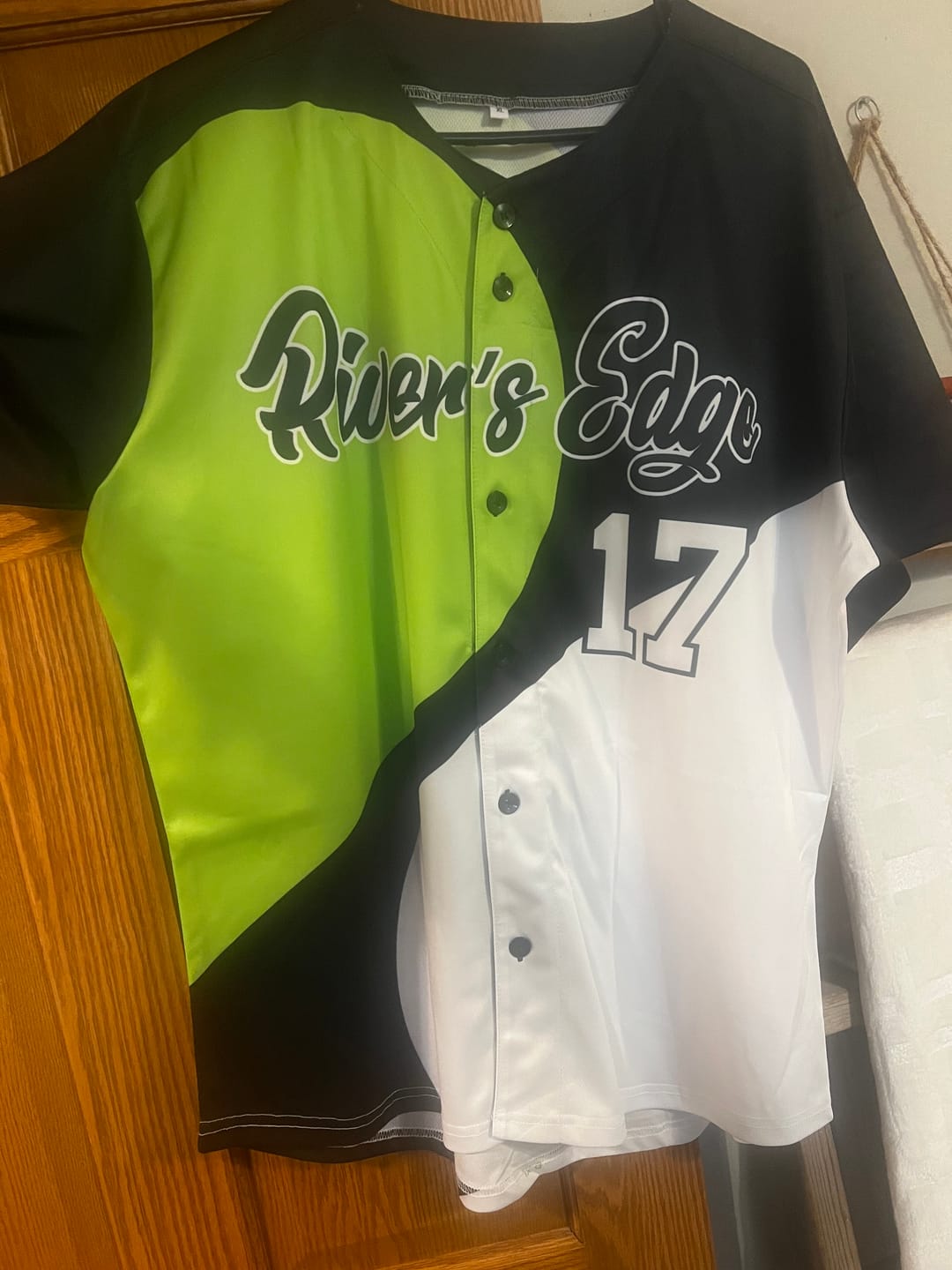Customer photo review of Custom Black Neon Green-White Color Block Personalized Half Heart Pattern Authentic Baseball Jersey