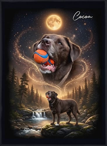 Customer's Dog Howling to the Moon personalized poster with a portrait of a brown dog named Cocoa and a mountain scene.