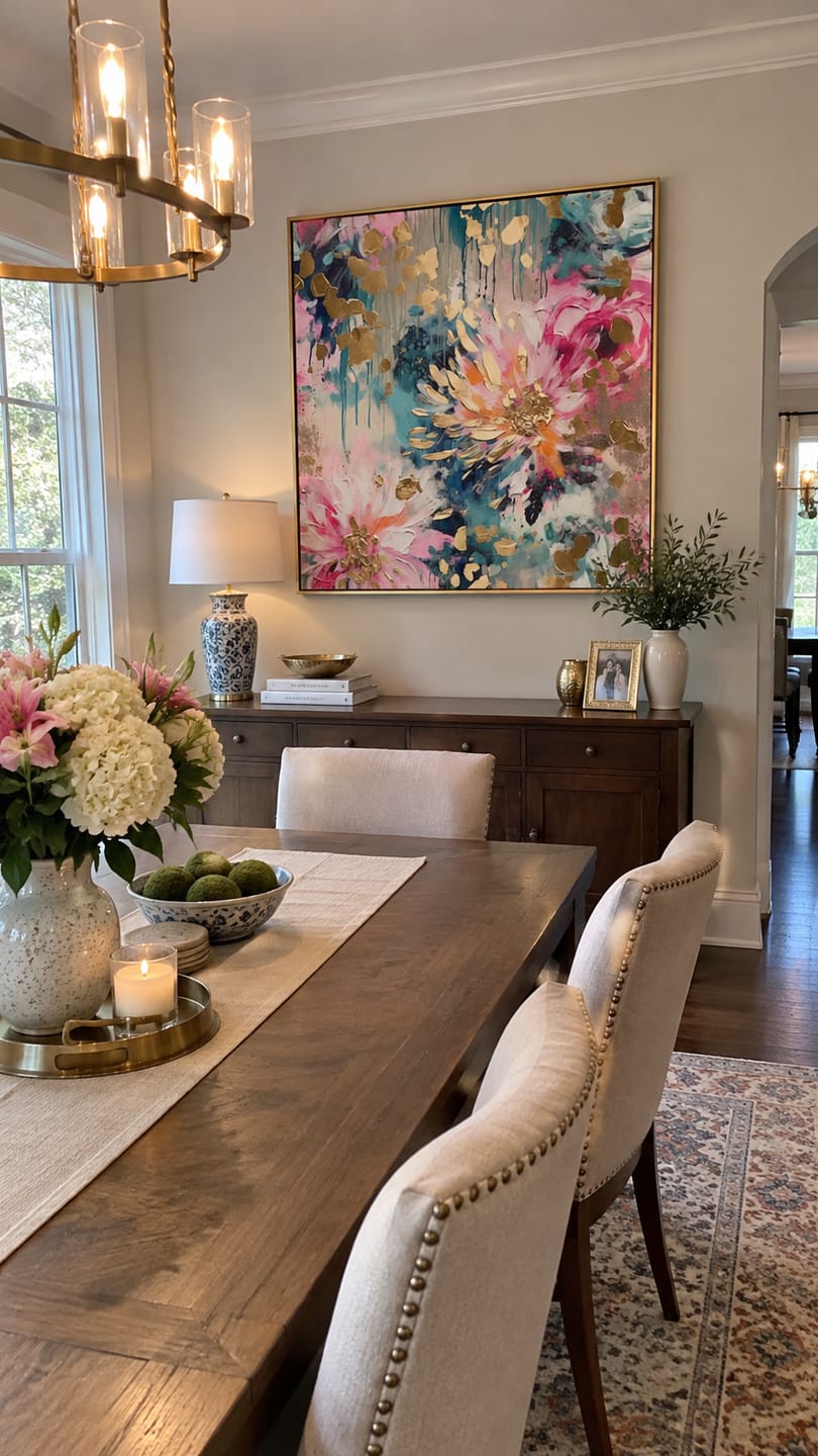 Customer photo review of Aurora Bloom – Hand-Painted Multicolored Pink and Teal Gold Foil Abstract Floral Painting | Modern Luxury Botanical Bedroom & Living Room Art