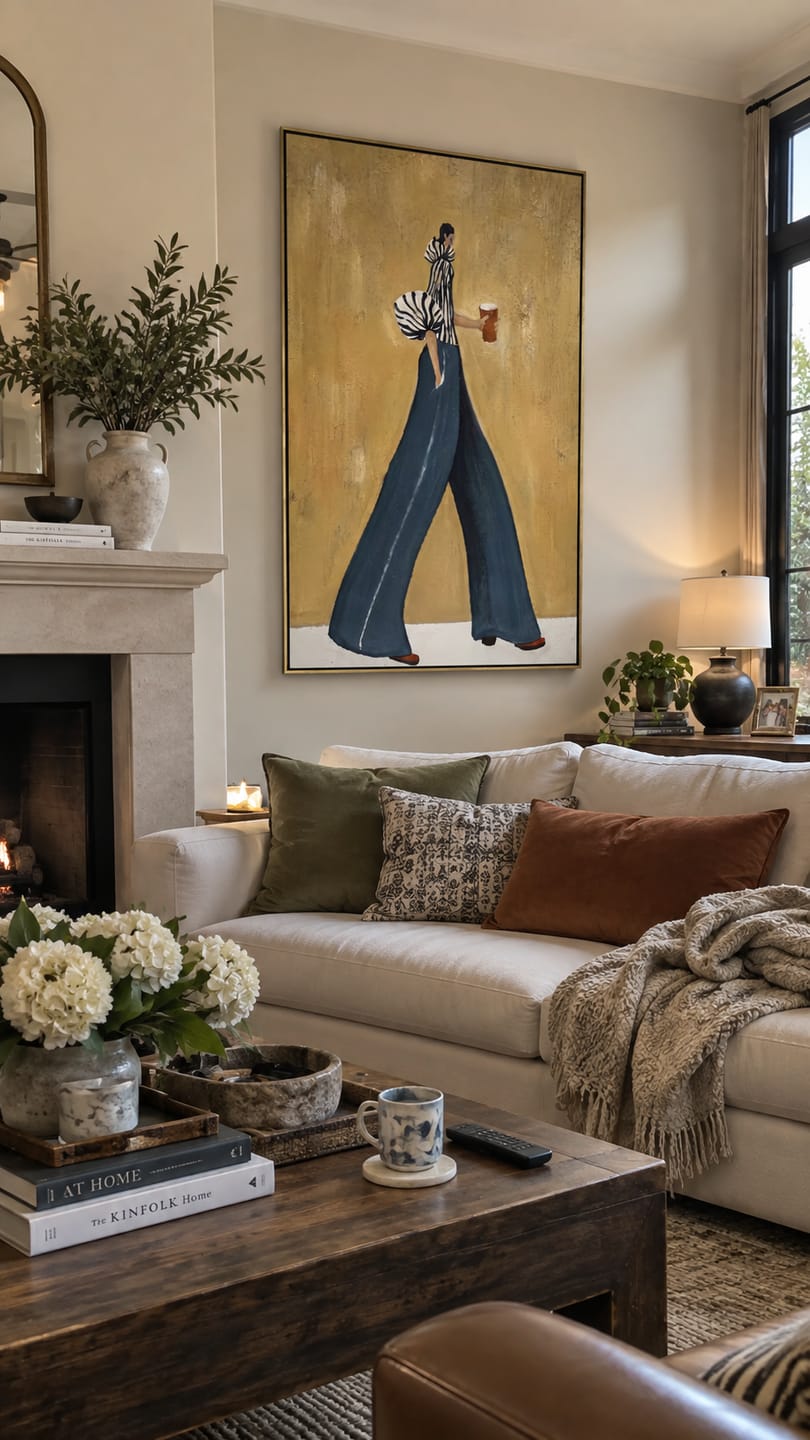 Customer photo review of Coffee Crosses Golden Hour – Fashion Woman Holding Cup Painting | Retro Modern Vertical Wall Art