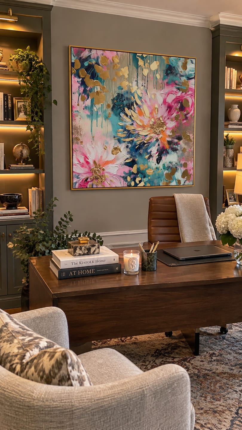 Customer photo review of Aurora Bloom – Hand-Painted Multicolored Pink and Teal Gold Foil Abstract Floral Painting | Modern Luxury Botanical Bedroom & Living Room Art